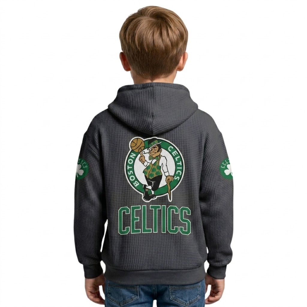 Boston Celtics EST 1946 Printed Waffle Quarter Zip Basketball Fan Hoodie For Kids