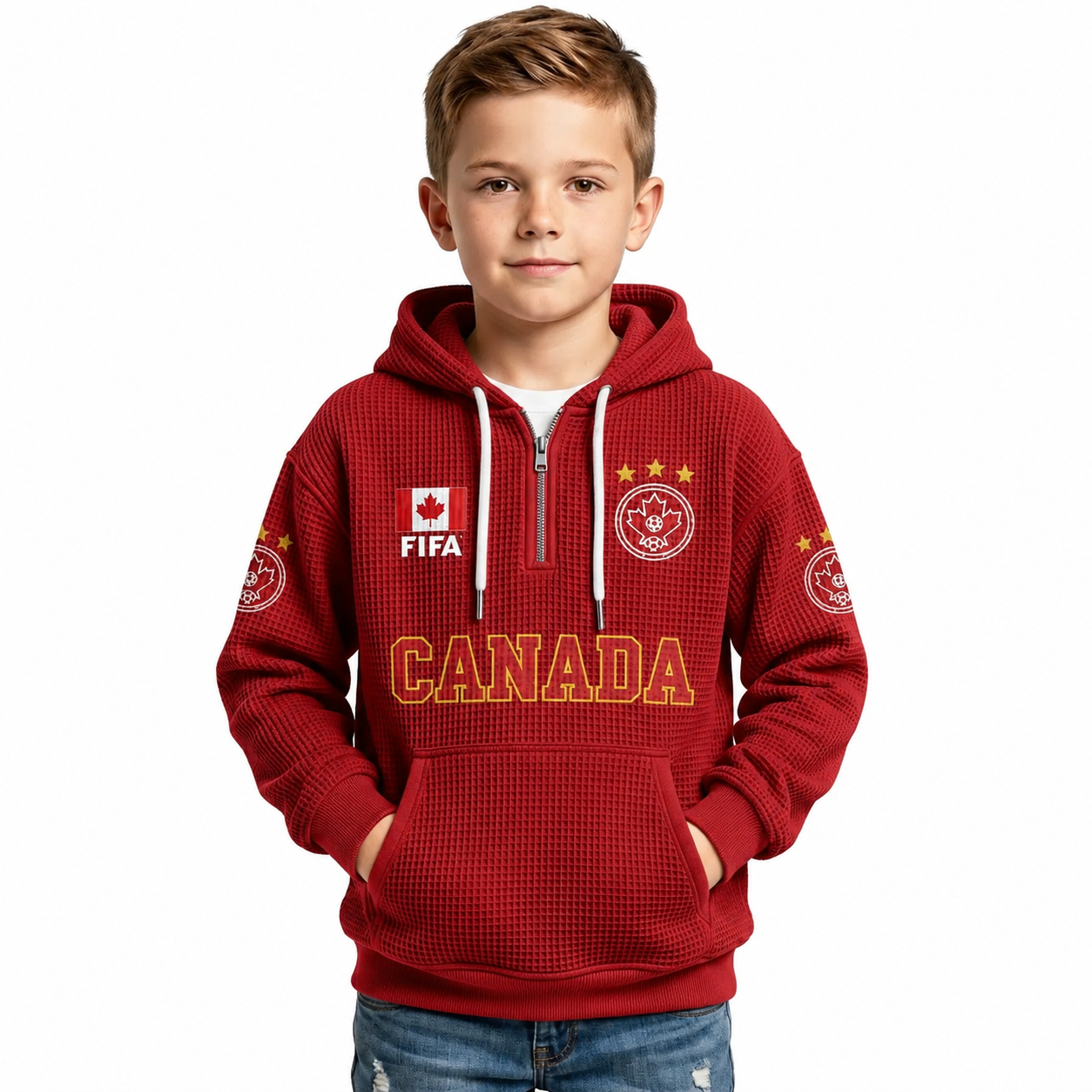 FIFA 2026 Canada Printed Waffle Quarter Zip Football Fan Hoodie For Kids