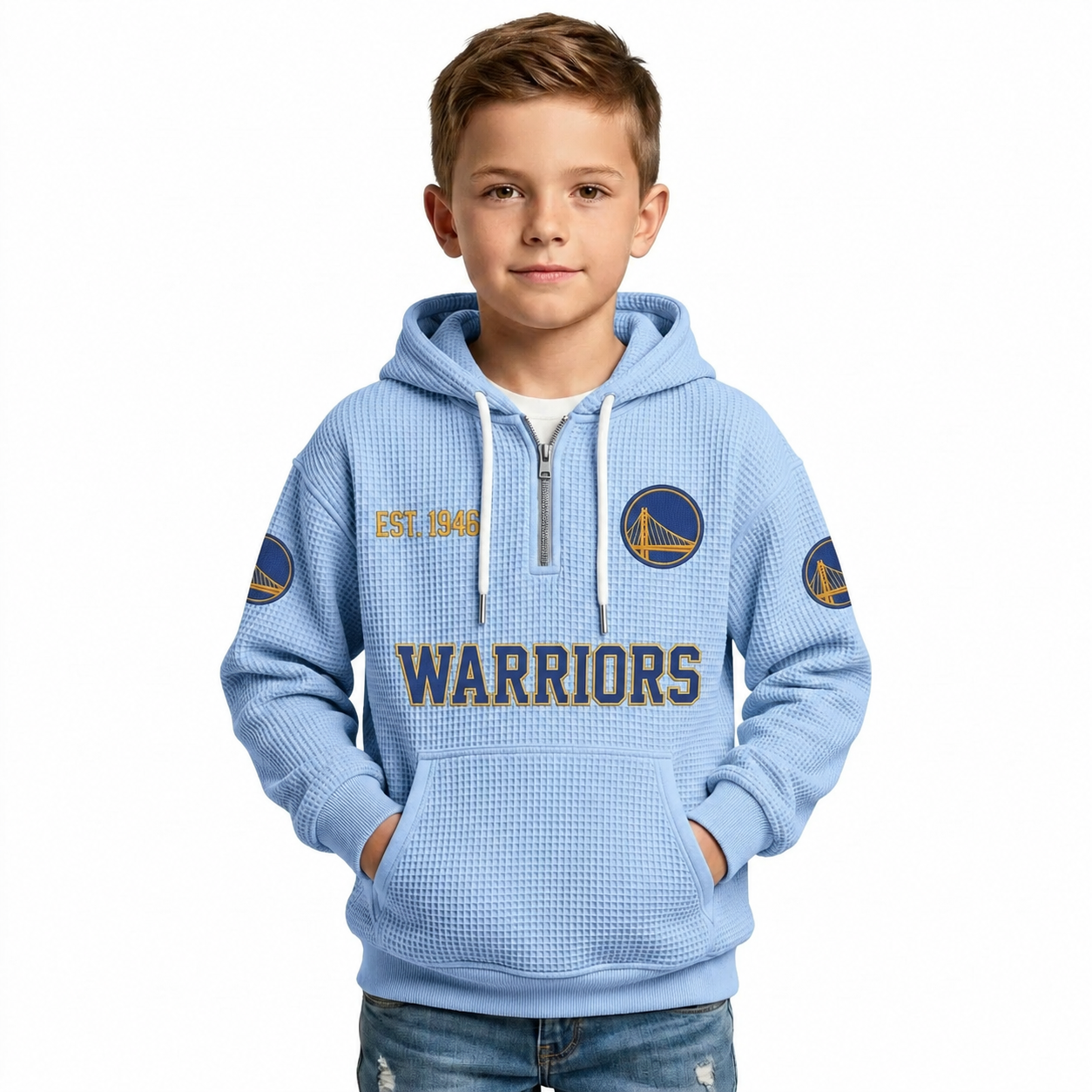 Golden State Warriors EST 1946 Printed Waffle Quarter Zip Basketball Fan Hoodie For Kids