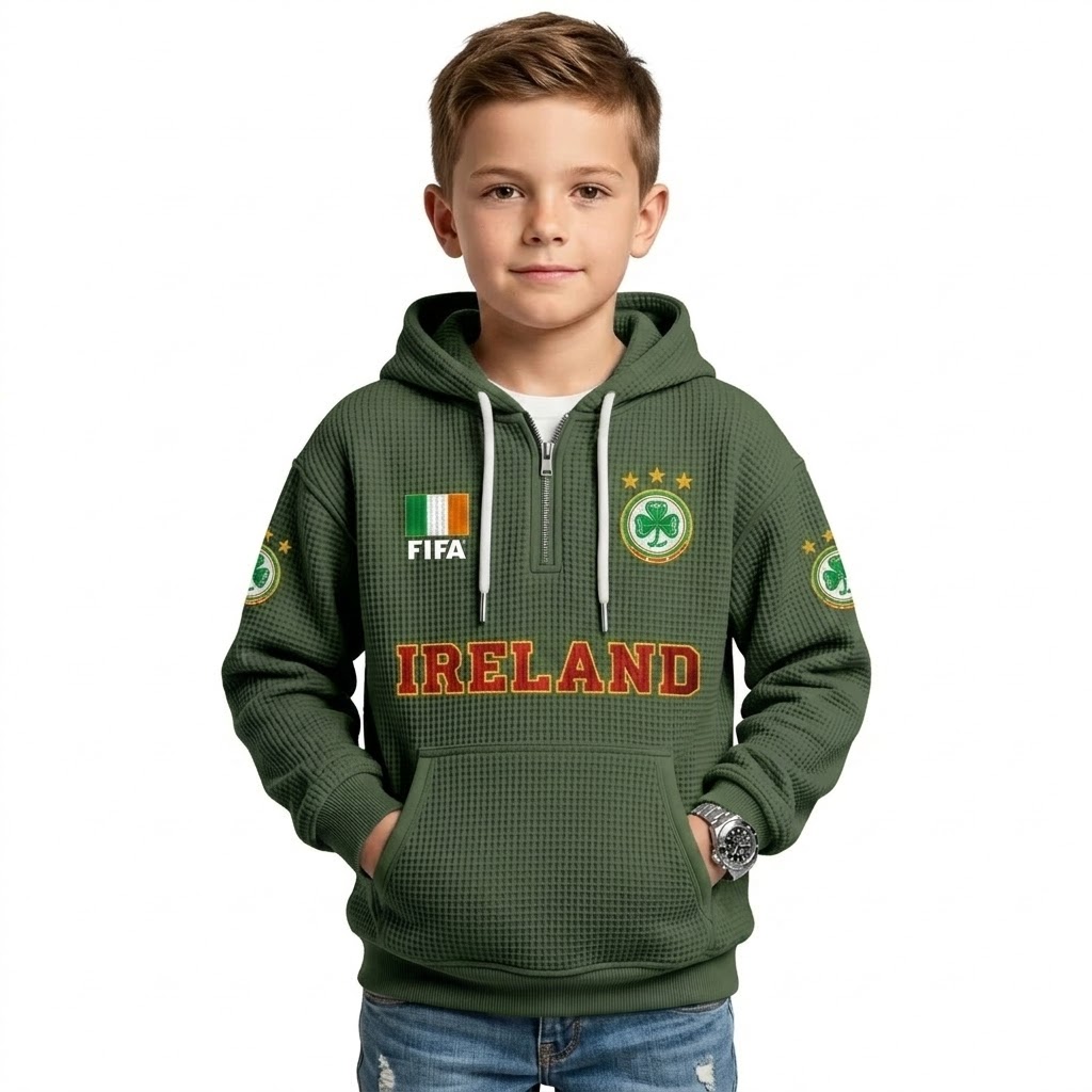 FIFA 2026 Ireland Printed Waffle Quarter Zip Football Fan Hoodie For Kids