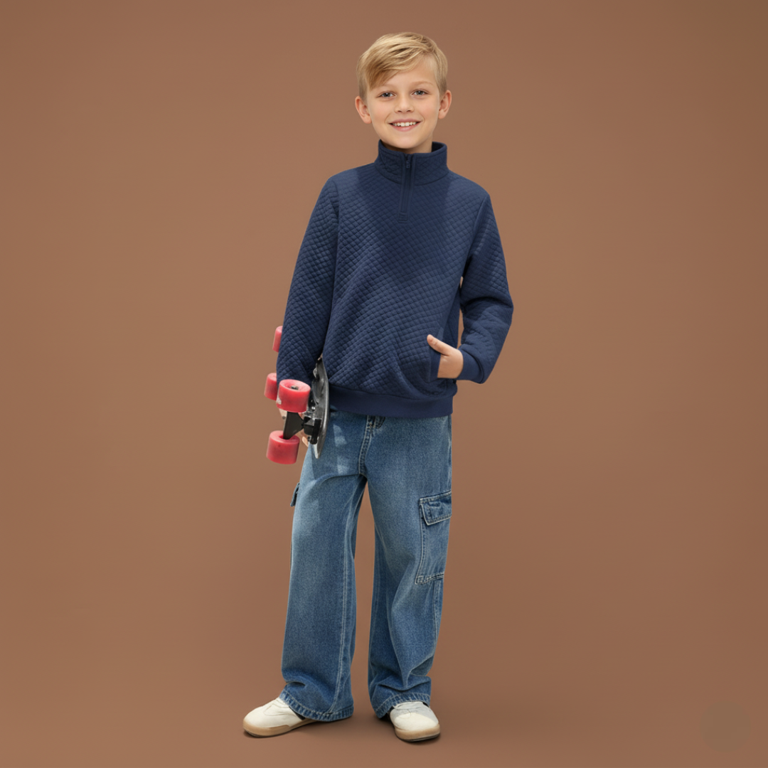 Kids Boys Quilted Sweatshirt with Quarter Zip Long Sleeves