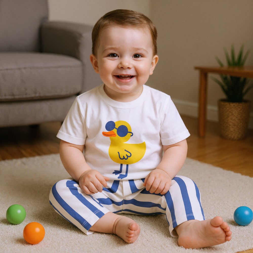 Baby Duck Printed Vertical Striped Two Piece Outfit