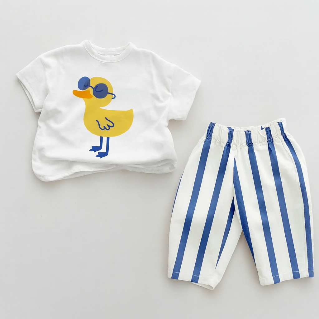 Baby Blue Duck Vertical Striped Two Piece Outfit