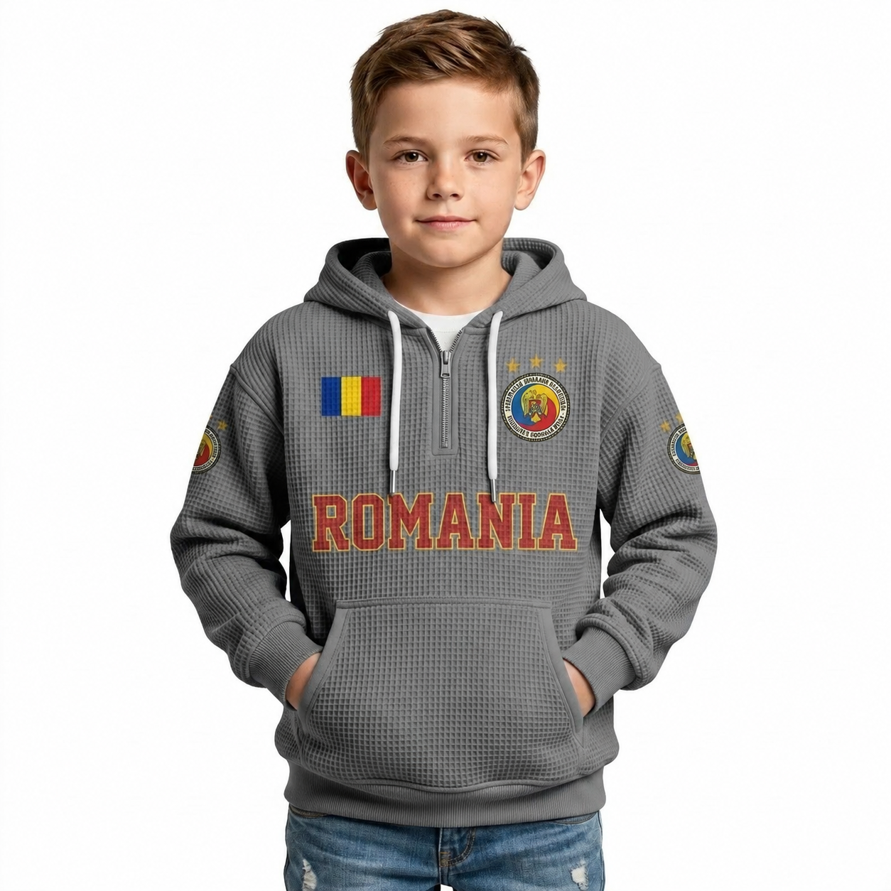 Romania Printed Waffle Quarter Zip Football Fan Hoodie For Kids