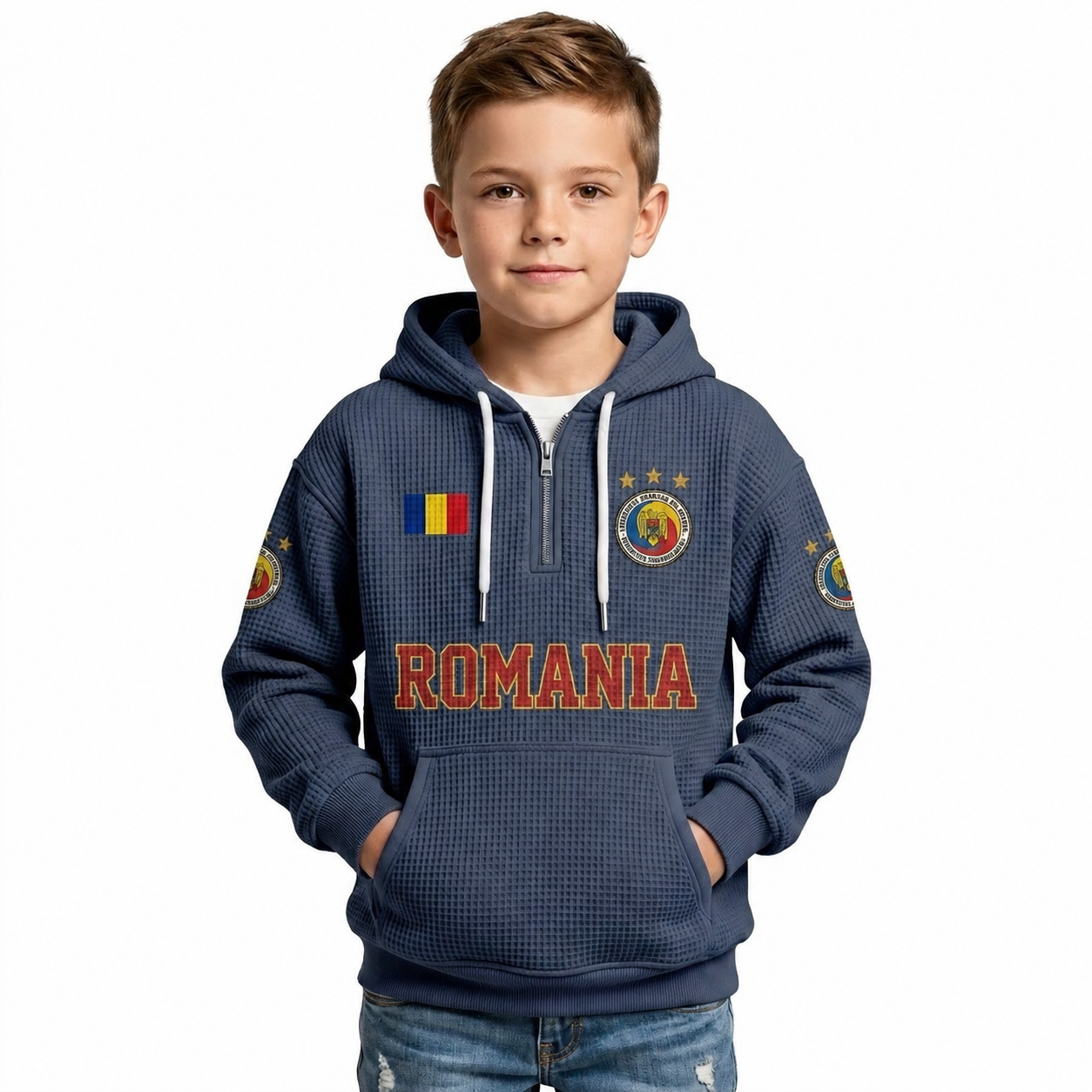 Romania Printed Waffle Quarter Zip Football Fan Hoodie For Kids