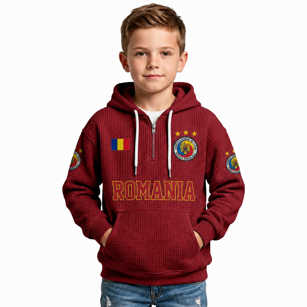 Romania Printed Waffle Quarter Zip Football Fan Hoodie For Kids