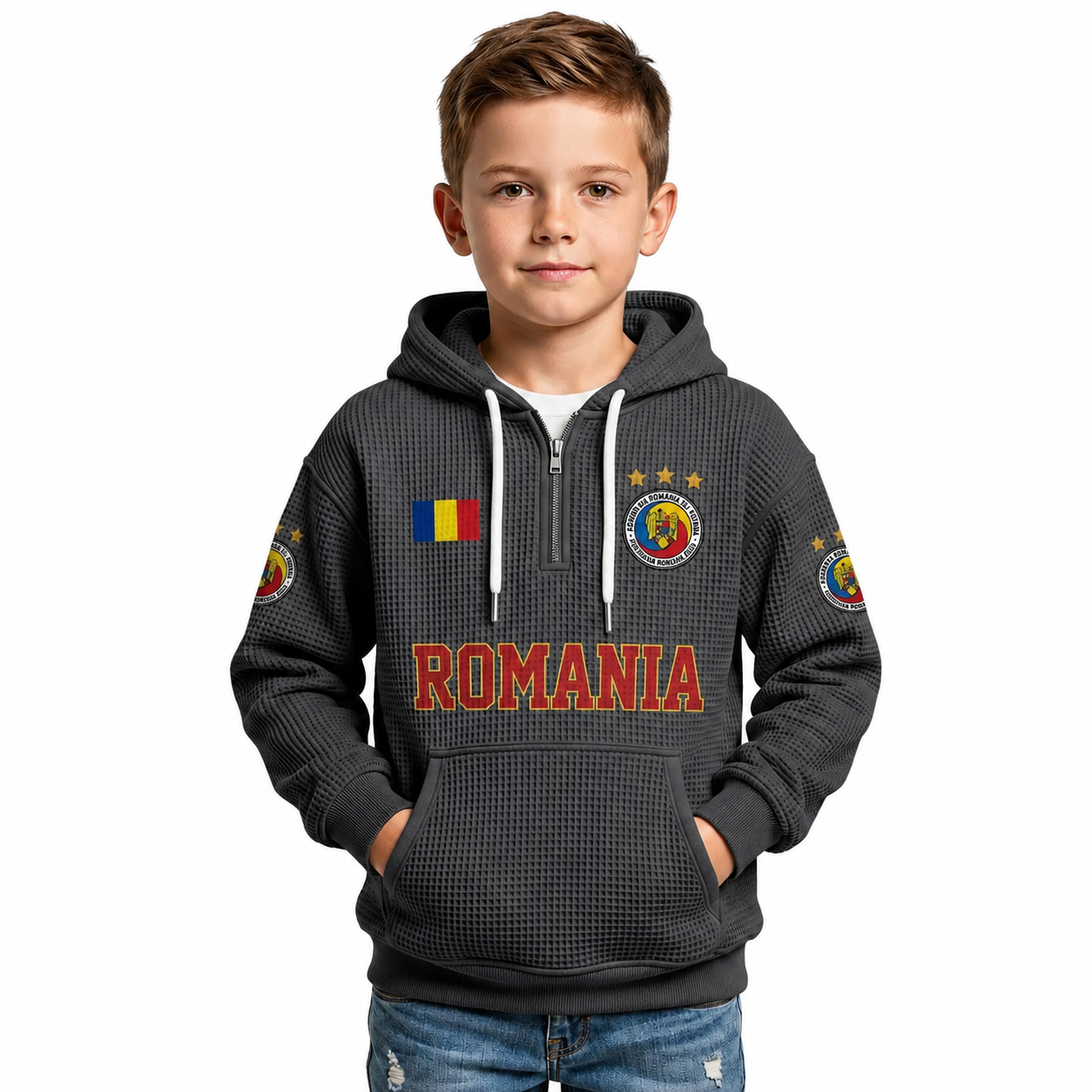 Romania Printed Waffle Quarter Zip Football Fan Hoodie For Kids