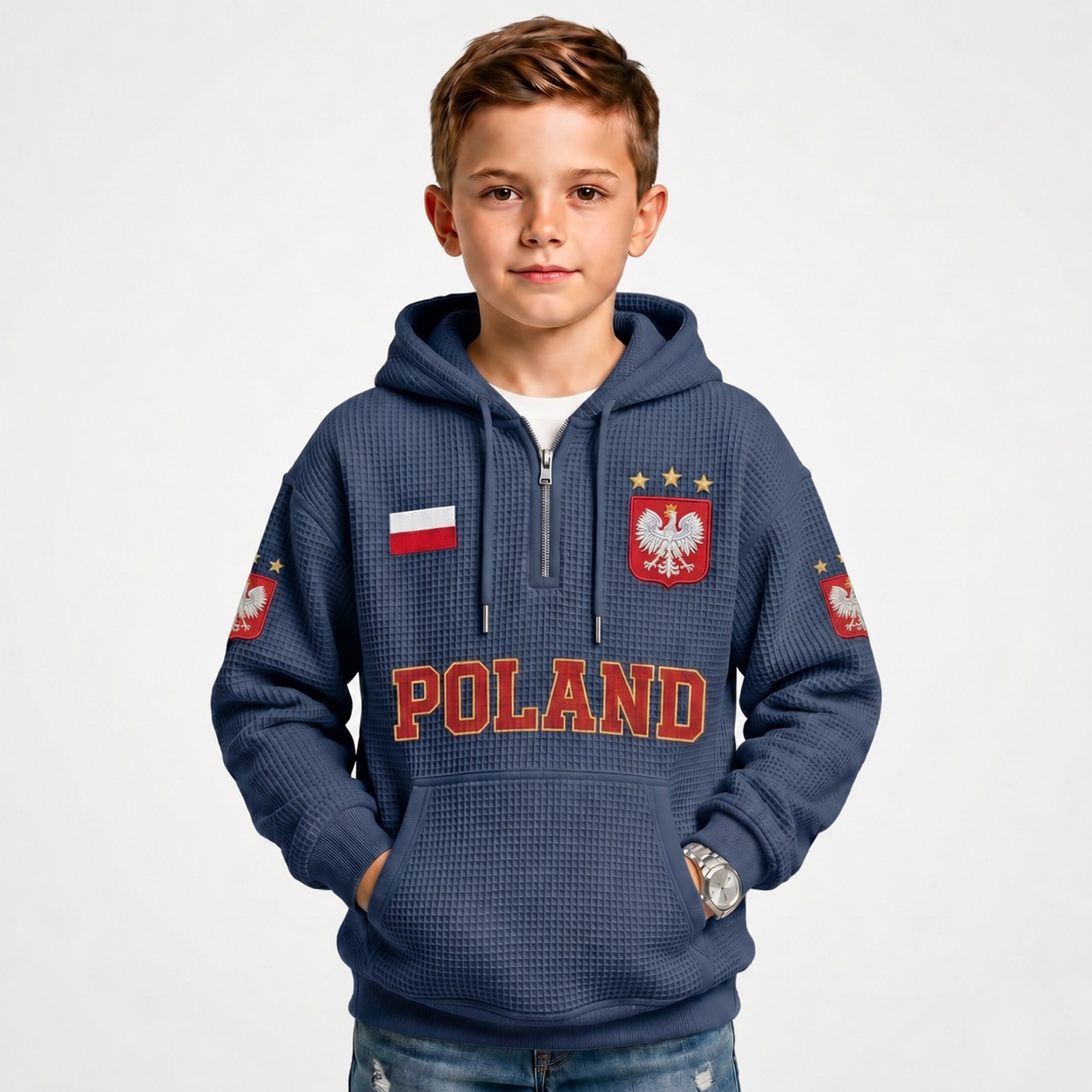 Poland Printed Waffle Quarter Zip Football Fan Hoodie For Kids