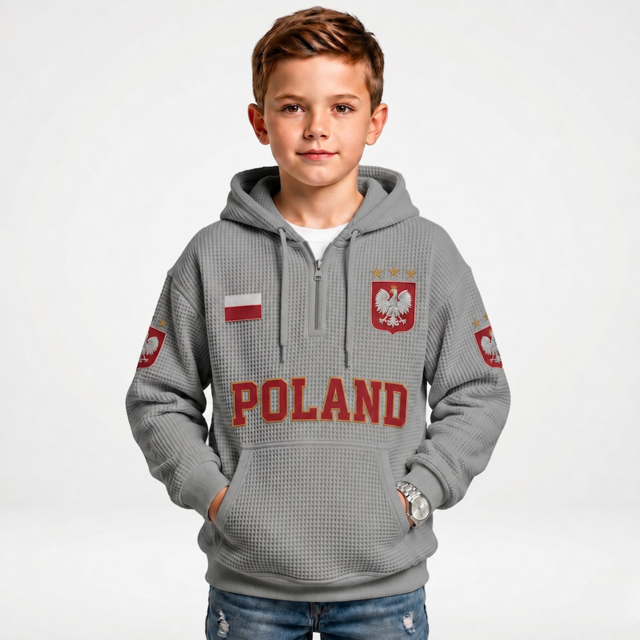 Poland Printed Waffle Quarter Zip Football Fan Hoodie For Kids