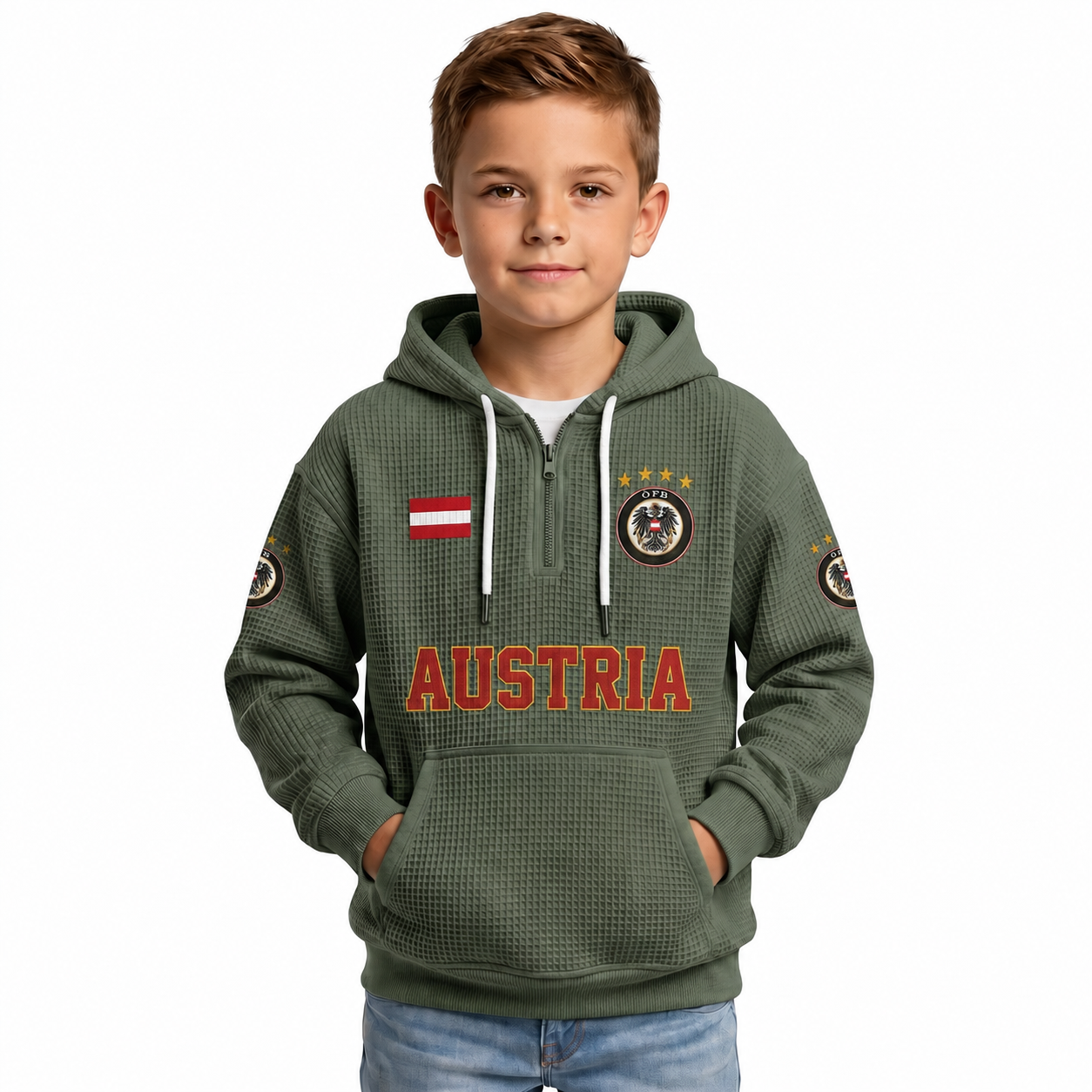 Austria Printed Waffle Quarter Zip Football Fan Hoodie For Kids