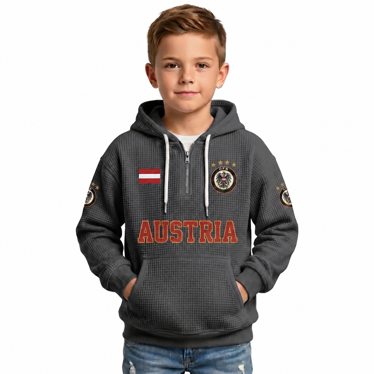 Austria Printed Waffle Quarter Zip Football Fan Hoodie For Kids