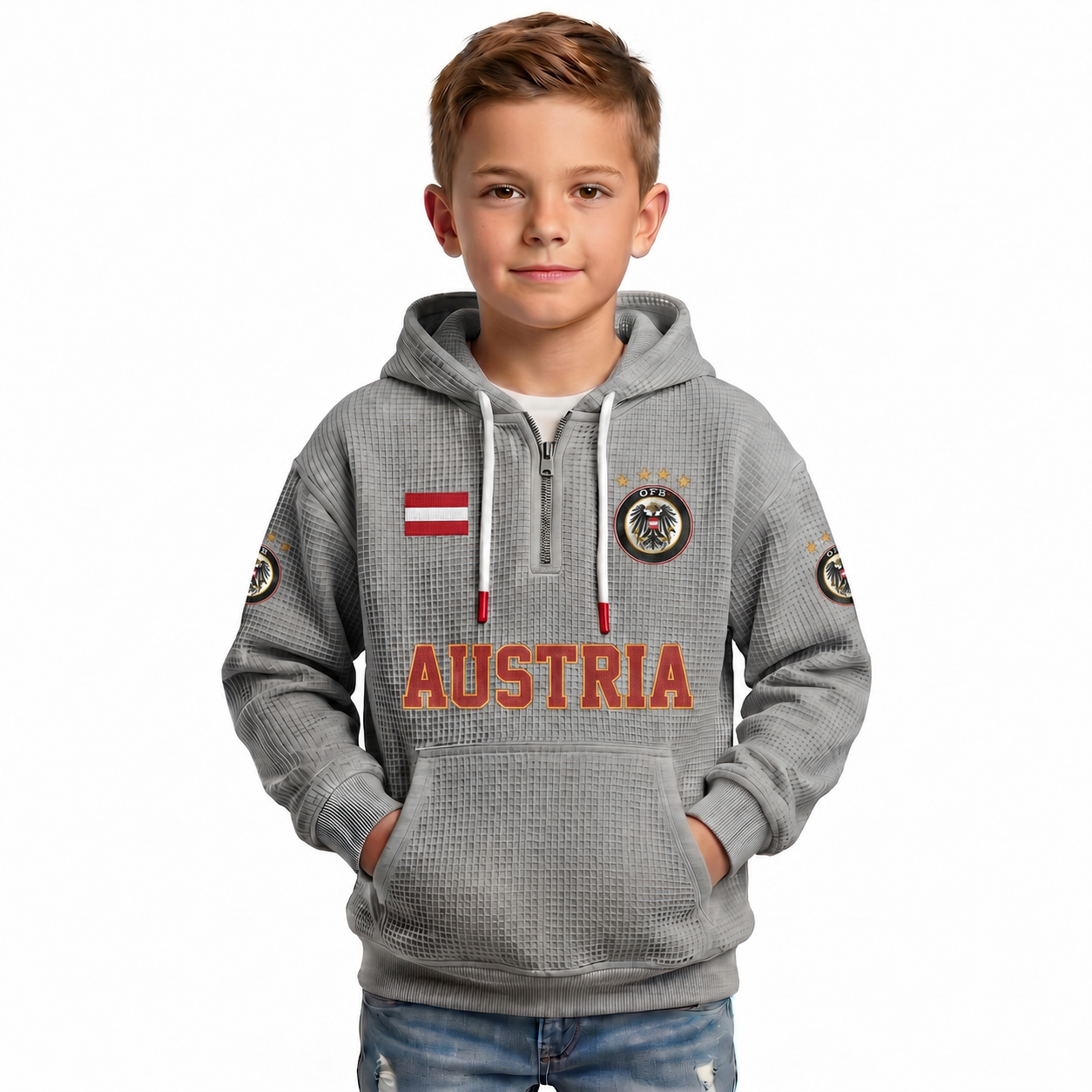 Austria Printed Waffle Quarter Zip Football Fan Hoodie For Kids
