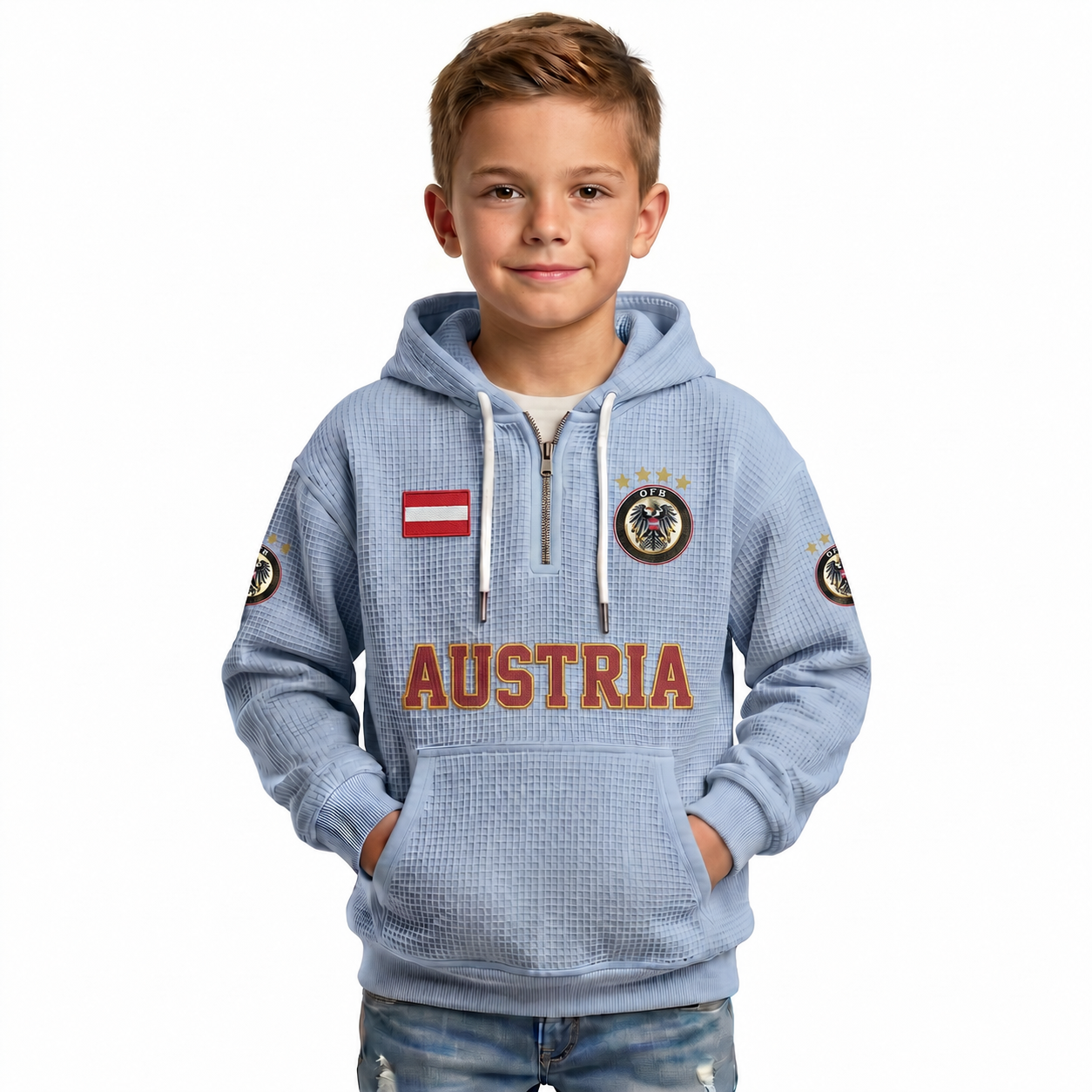 Austria Printed Waffle Quarter Zip Football Fan Hoodie For Kids