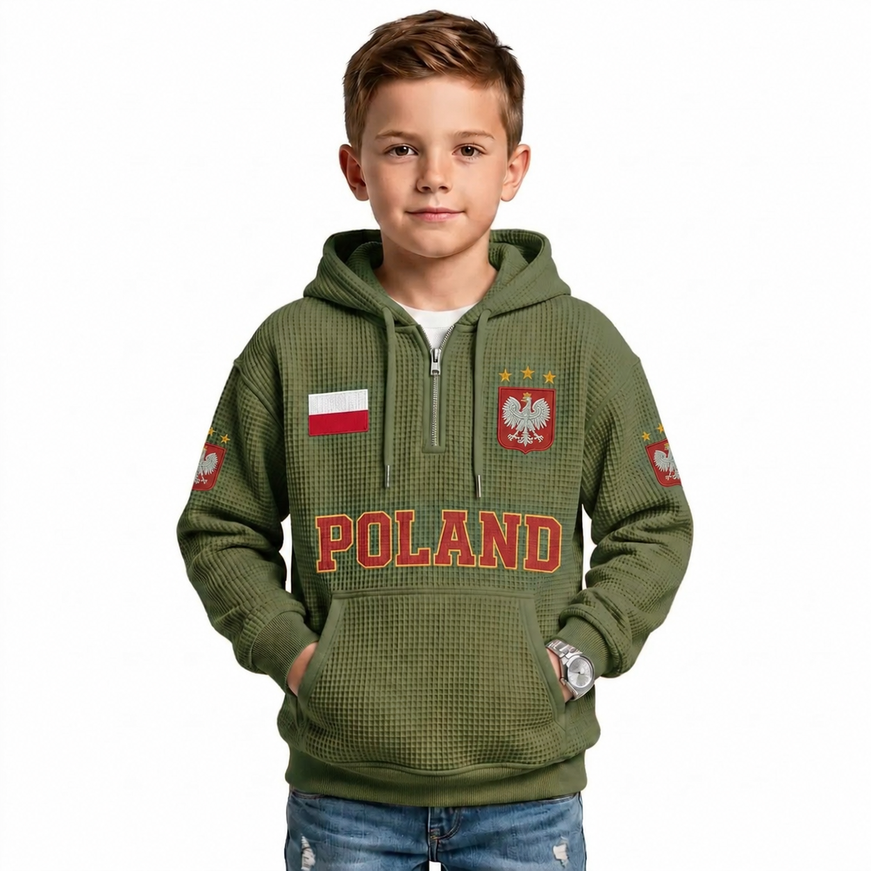 Poland Printed Waffle Quarter Zip Football Fan Hoodie For Kids