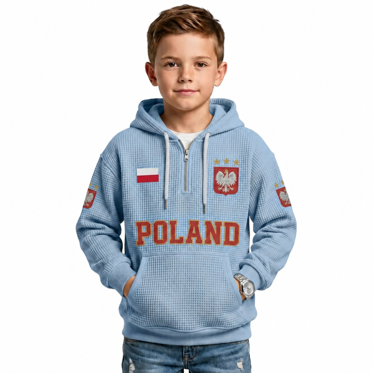 Poland Printed Waffle Quarter Zip Football Fan Hoodie For Kids
