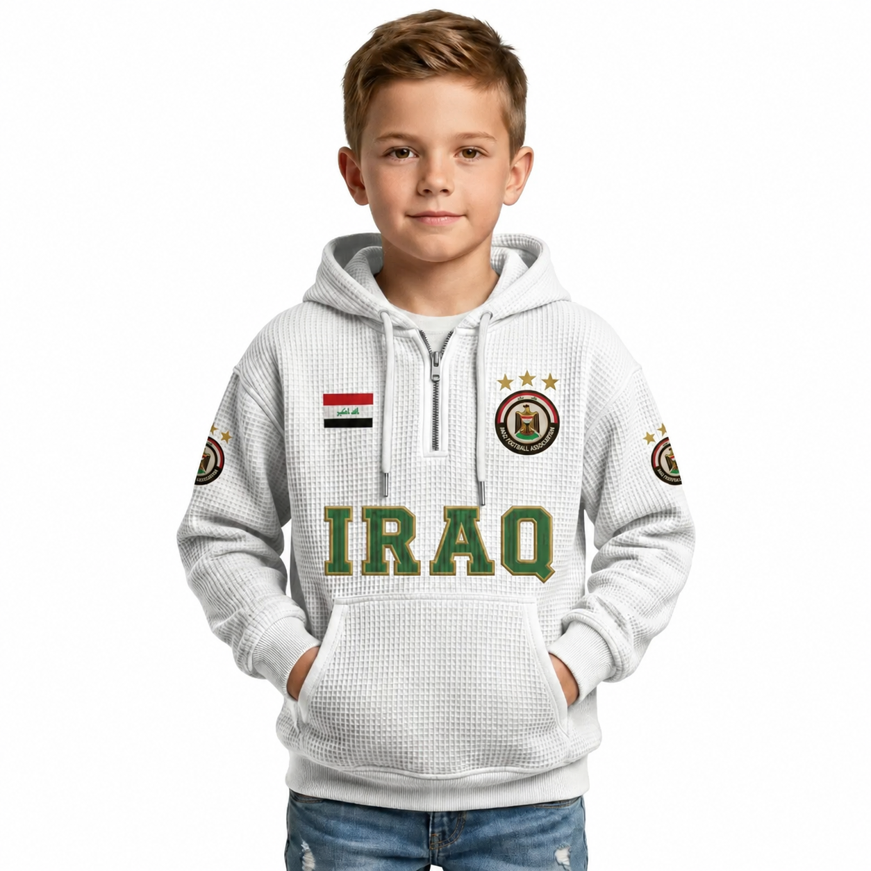 Iraq Printed Waffle Quarter Zip Football Fan Hoodie For Kids