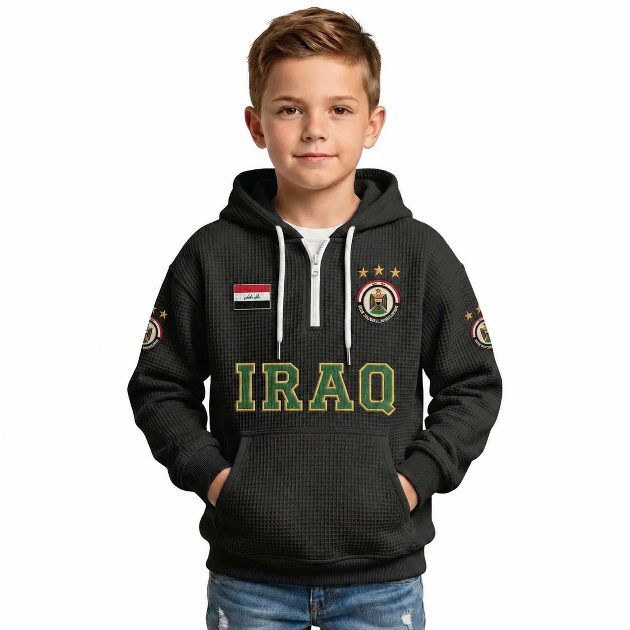 Iraq Printed Waffle Quarter Zip Football Fan Hoodie For Kids
