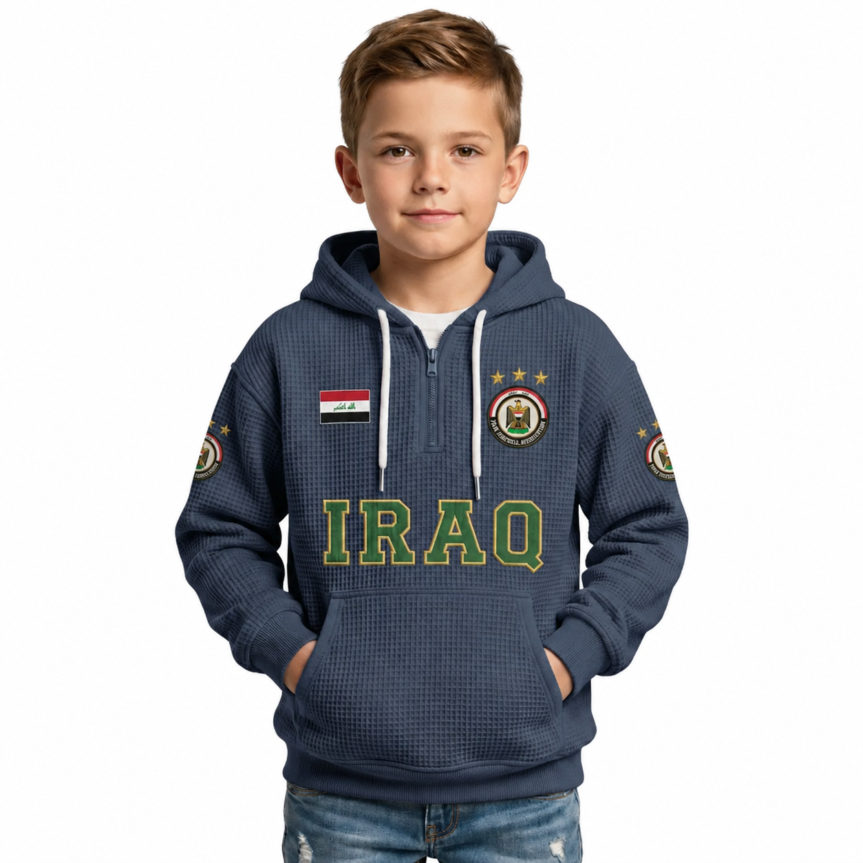 Iraq Printed Waffle Quarter Zip Football Fan Hoodie For Kids