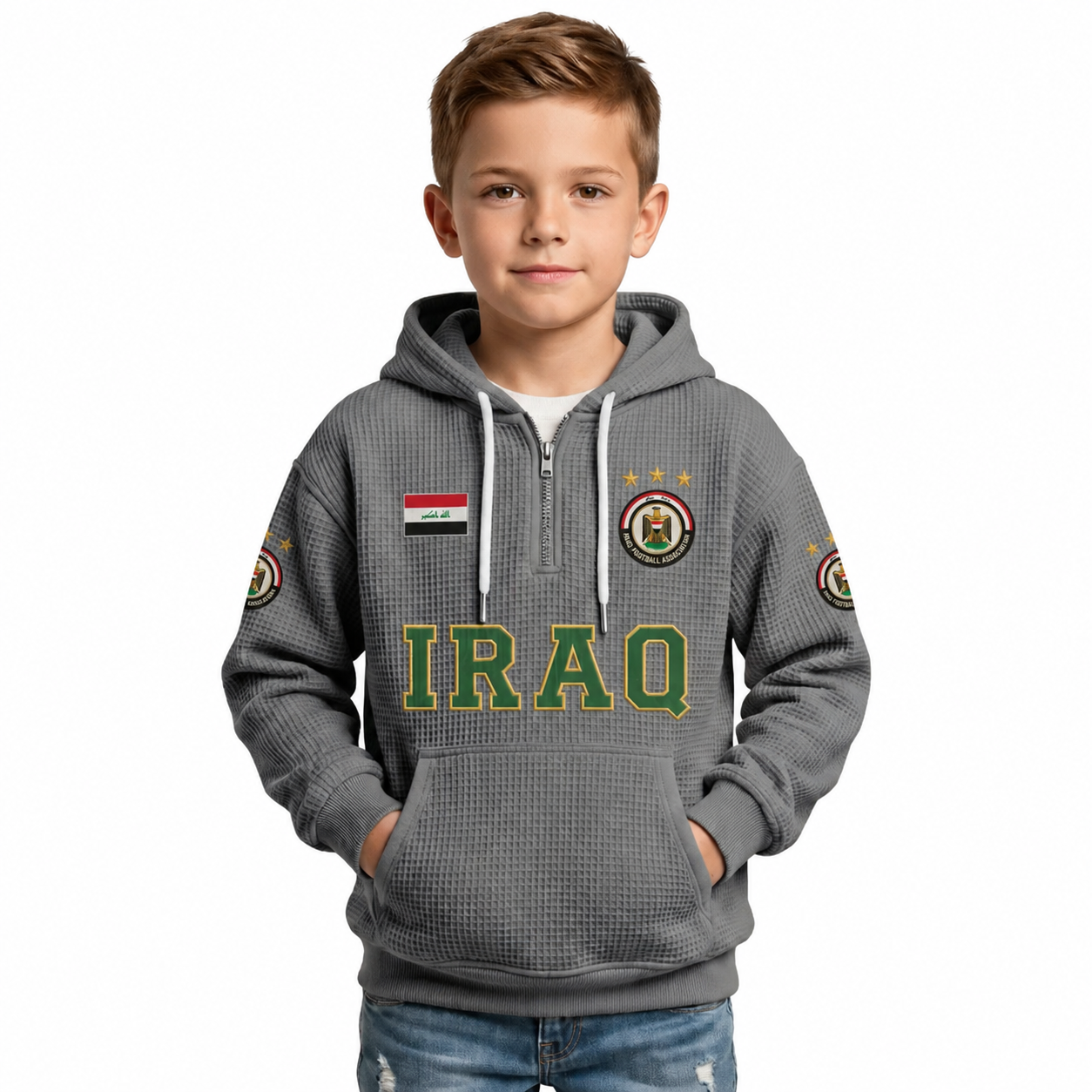 Iraq Printed Waffle Quarter Zip Football Fan Hoodie For Kids