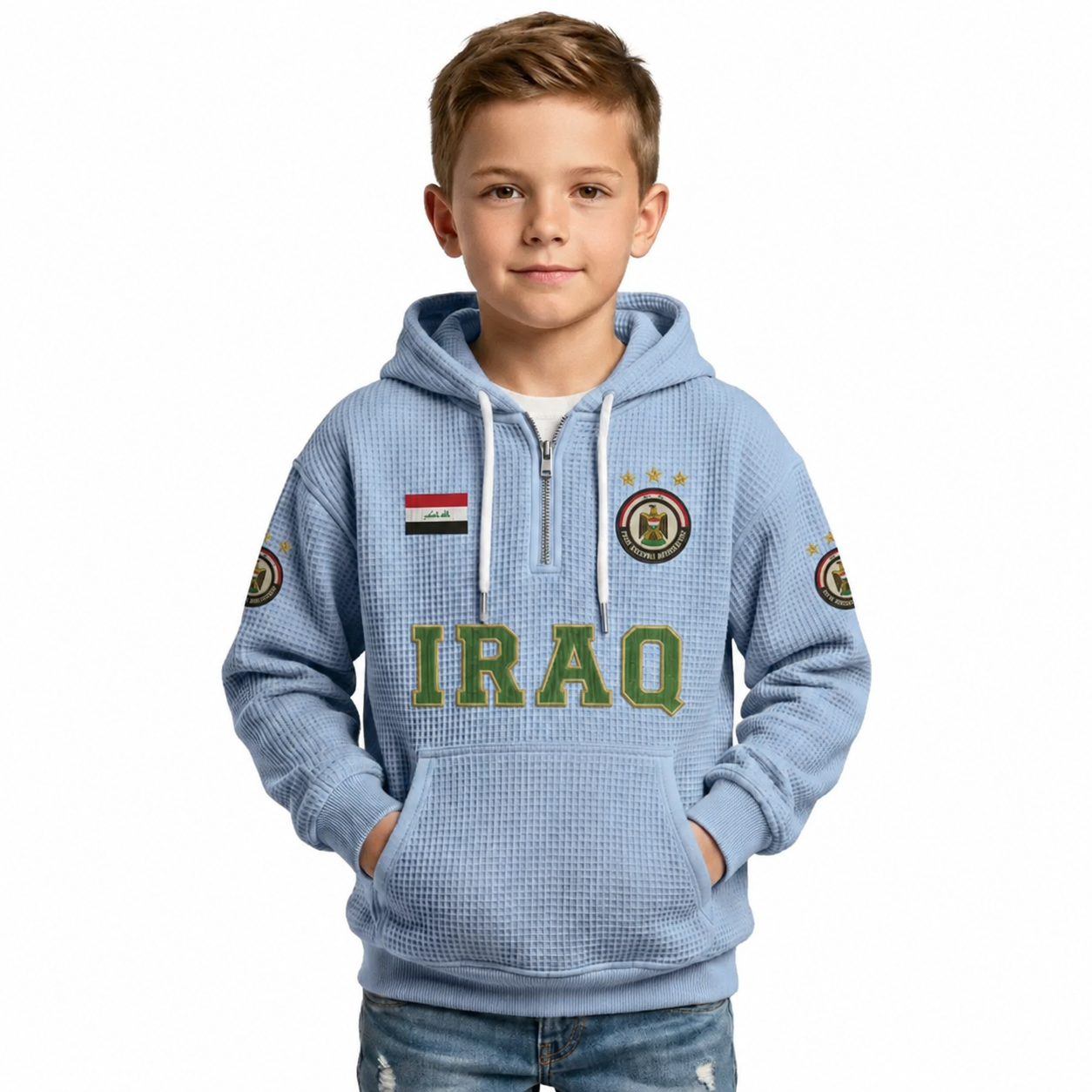 Iraq Printed Waffle Quarter Zip Football Fan Hoodie For Kids
