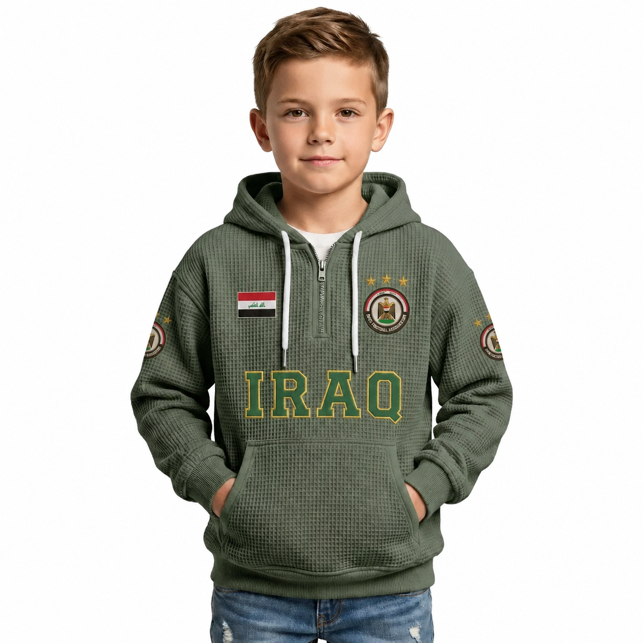 Iraq Printed Waffle Quarter Zip Football Fan Hoodie For Kids