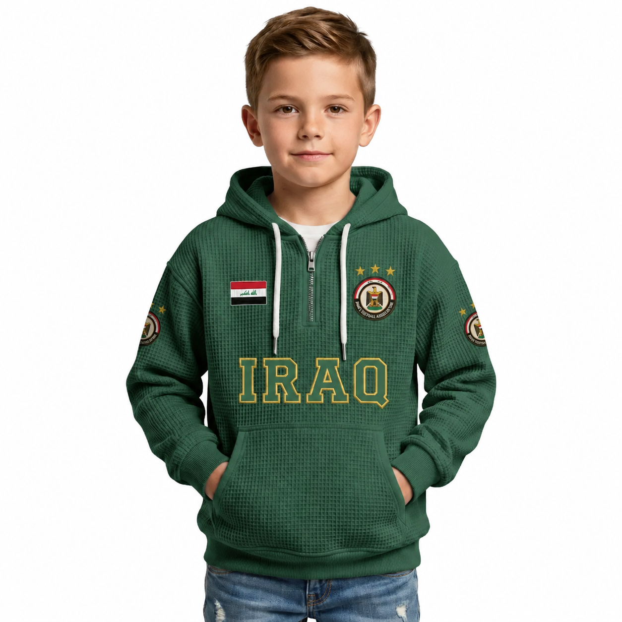 Iraq Printed Waffle Quarter Zip Football Fan Hoodie For Kids