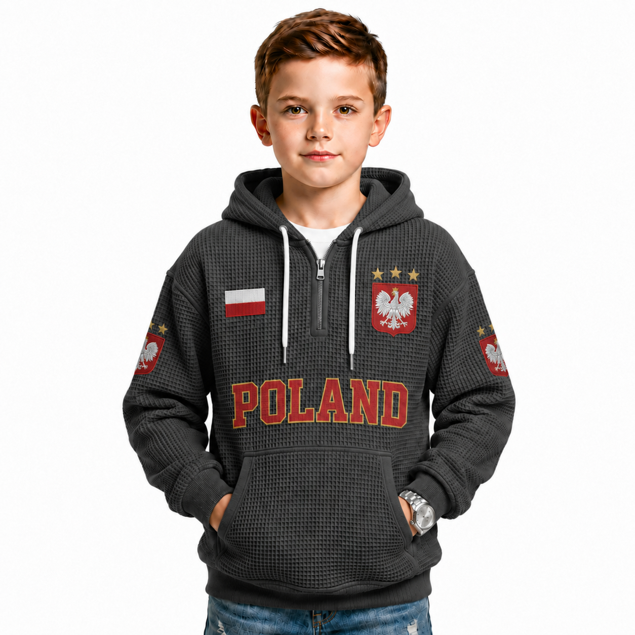 Poland Printed Waffle Quarter Zip Football Fan Hoodie For Kids