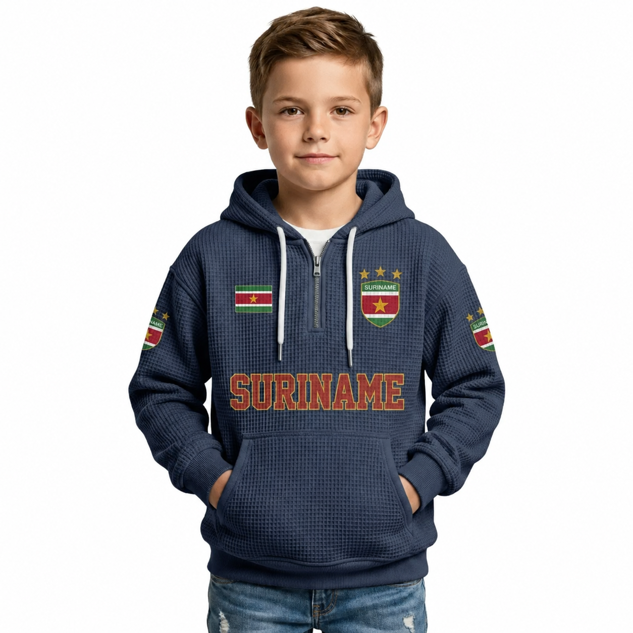Suriname Printed Waffle Quarter Zip Football Fan Hoodie For Kids