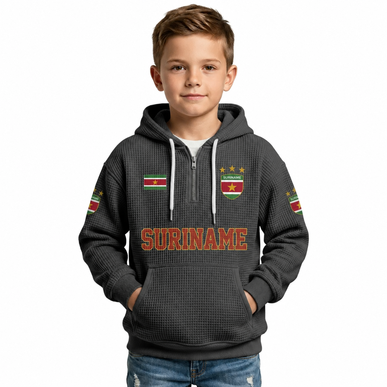 Suriname Printed Waffle Quarter Zip Football Fan Hoodie For Kids