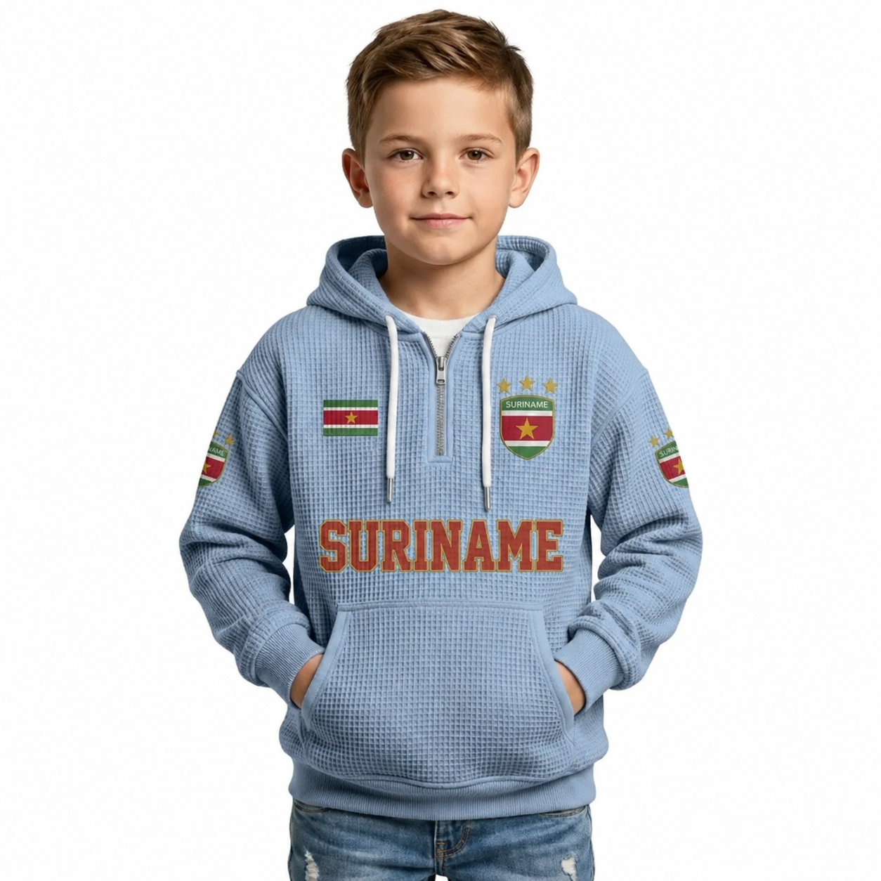 Suriname Printed Waffle Quarter Zip Football Fan Hoodie For Kids