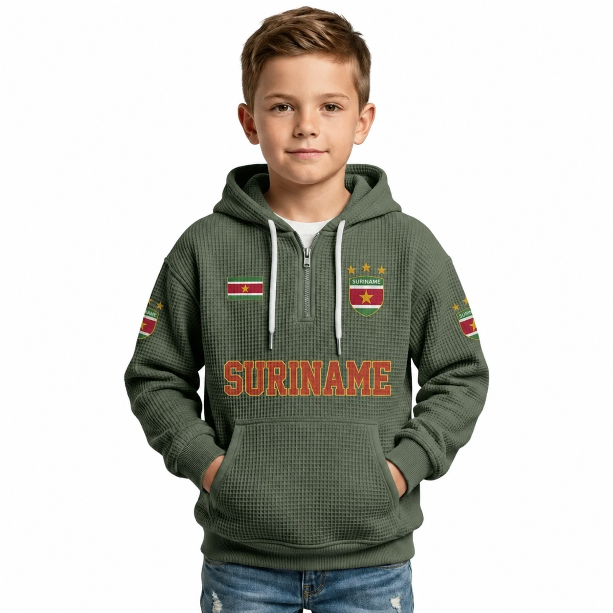 Suriname Printed Waffle Quarter Zip Football Fan Hoodie For Kids