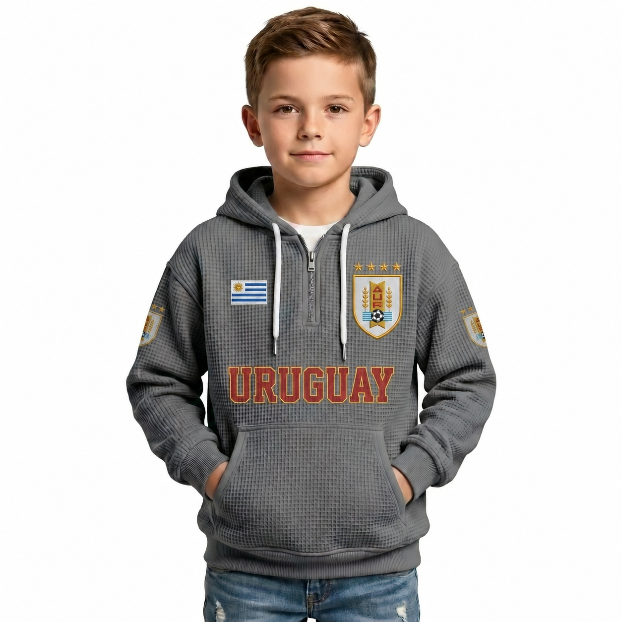 Uruguay Printed Waffle Quarter Zip Football Fan Hoodie For Kids