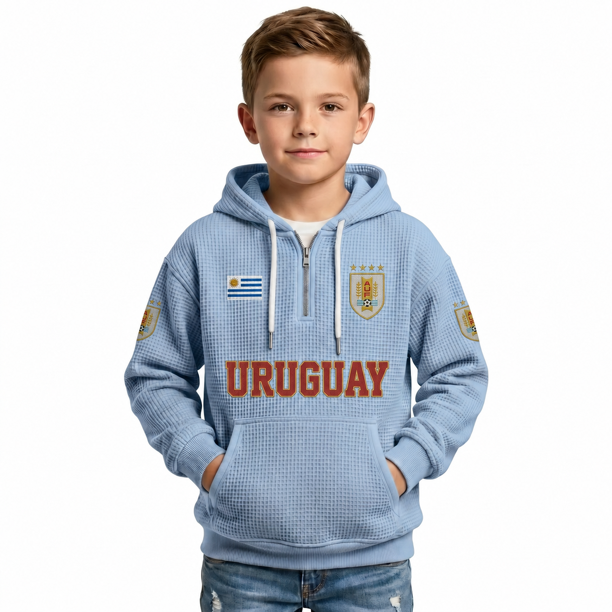 Uruguay Printed Waffle Quarter Zip Football Fan Hoodie For Kids