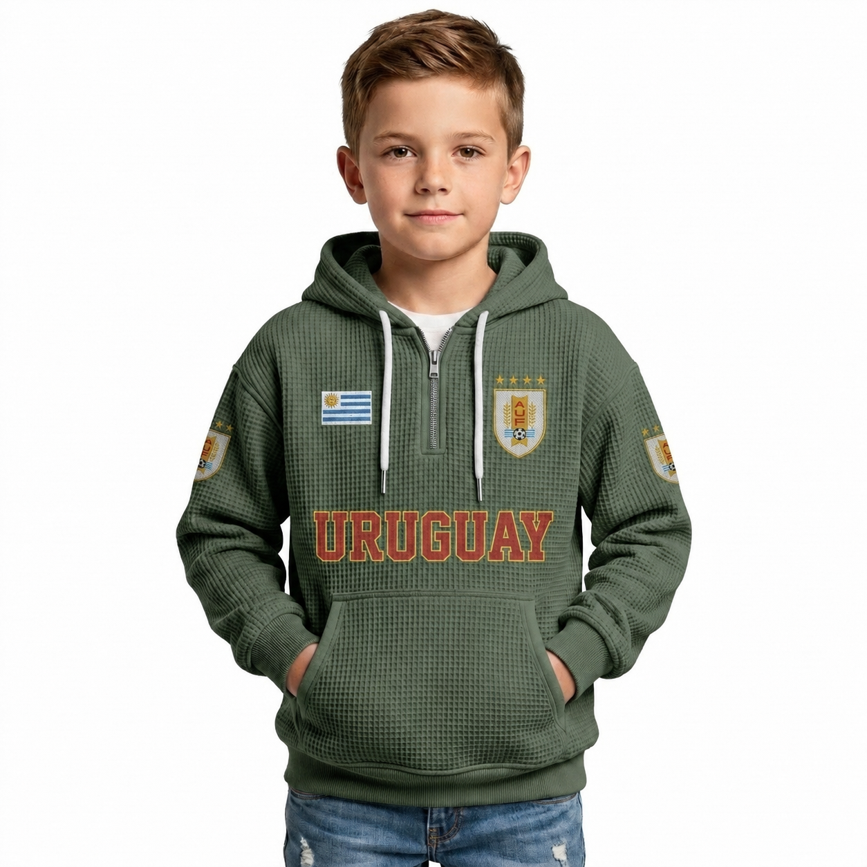 Uruguay Printed Waffle Quarter Zip Football Fan Hoodie For Kids