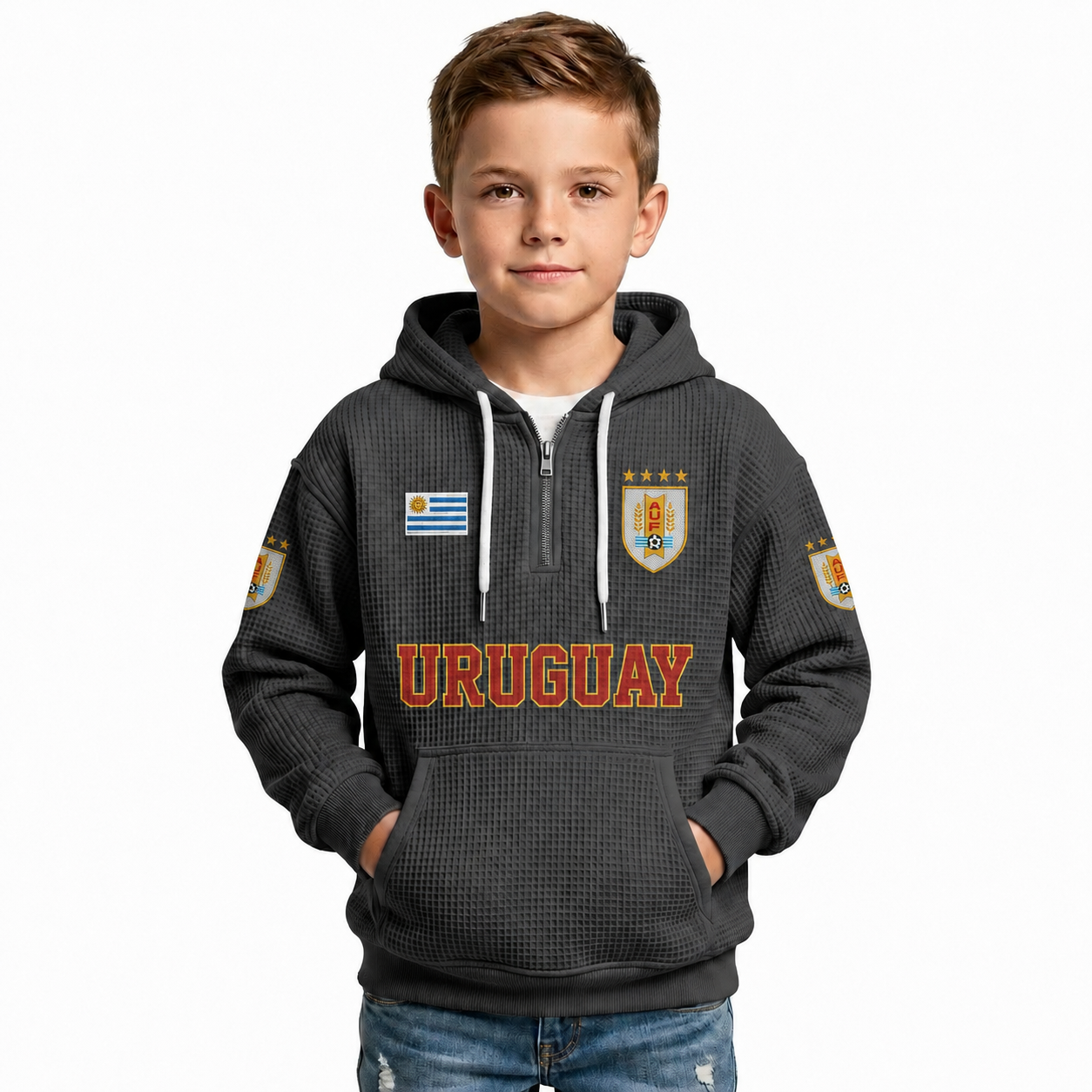 Uruguay Printed Waffle Quarter Zip Football Fan Hoodie For Kids