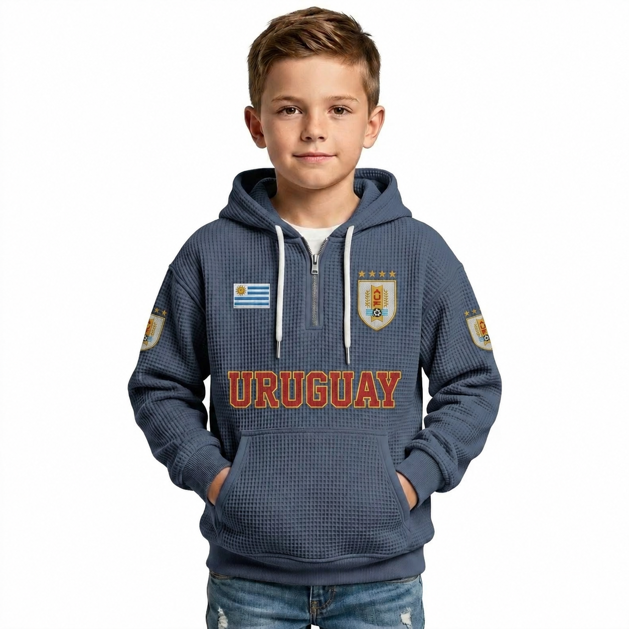 Uruguay Printed Waffle Quarter Zip Football Fan Hoodie For Kids