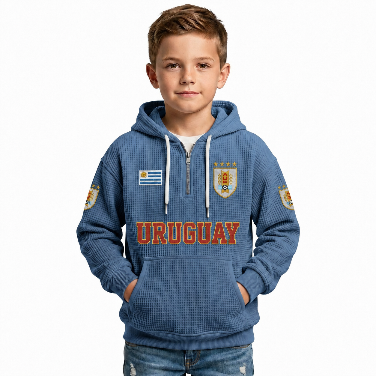 Uruguay Printed Waffle Quarter Zip Football Fan Hoodie For Kids