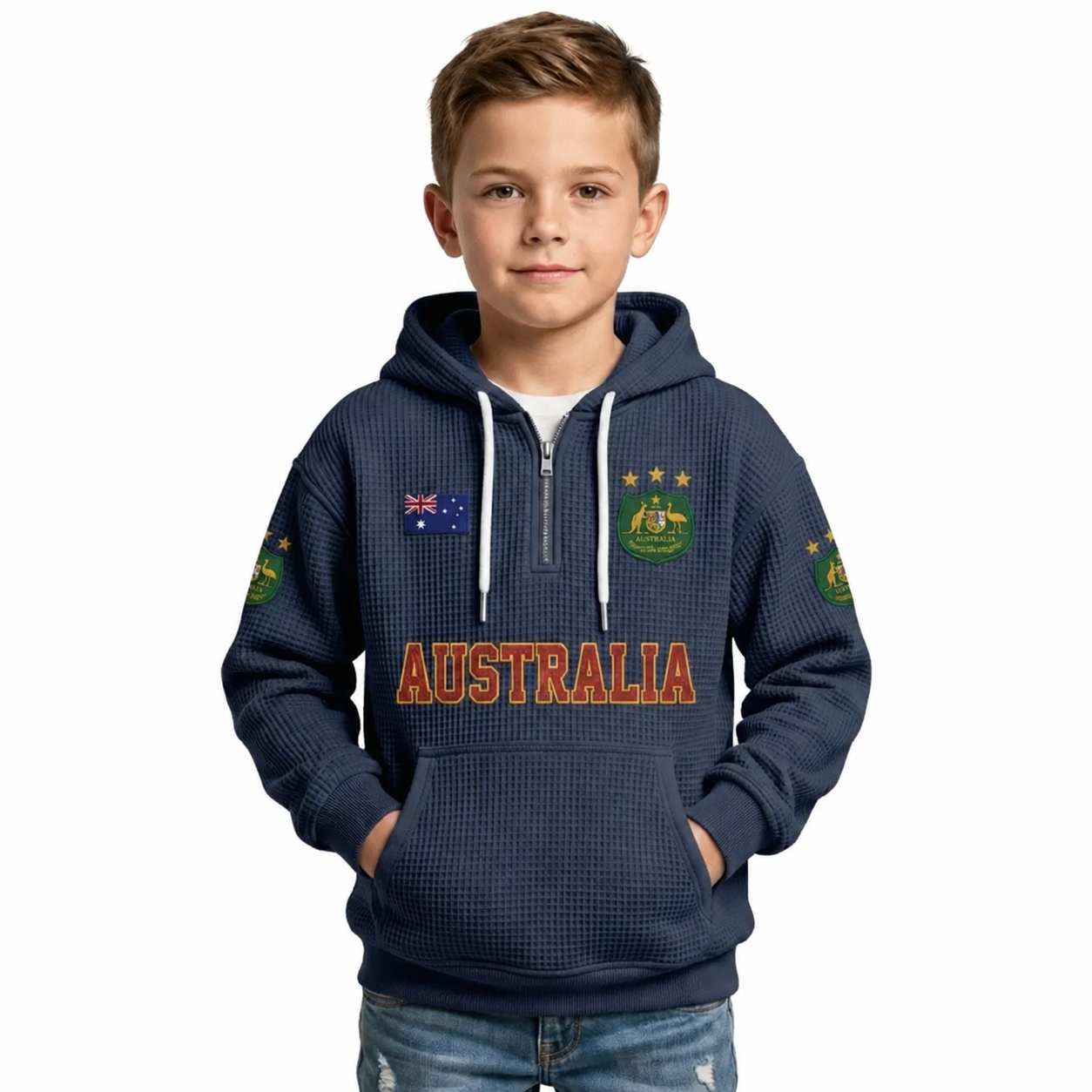 Australia Printed Waffle Quarter Zip Football Fan Hoodie For Kids