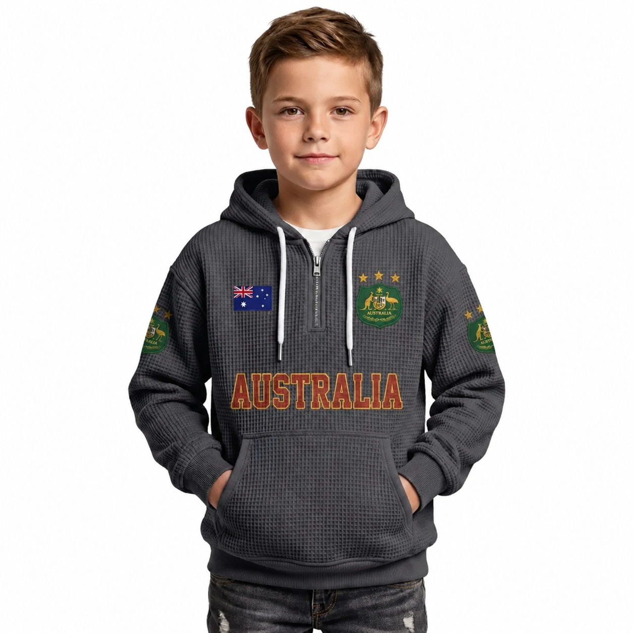 Australia Printed Waffle Quarter Zip Football Fan Hoodie For Kids