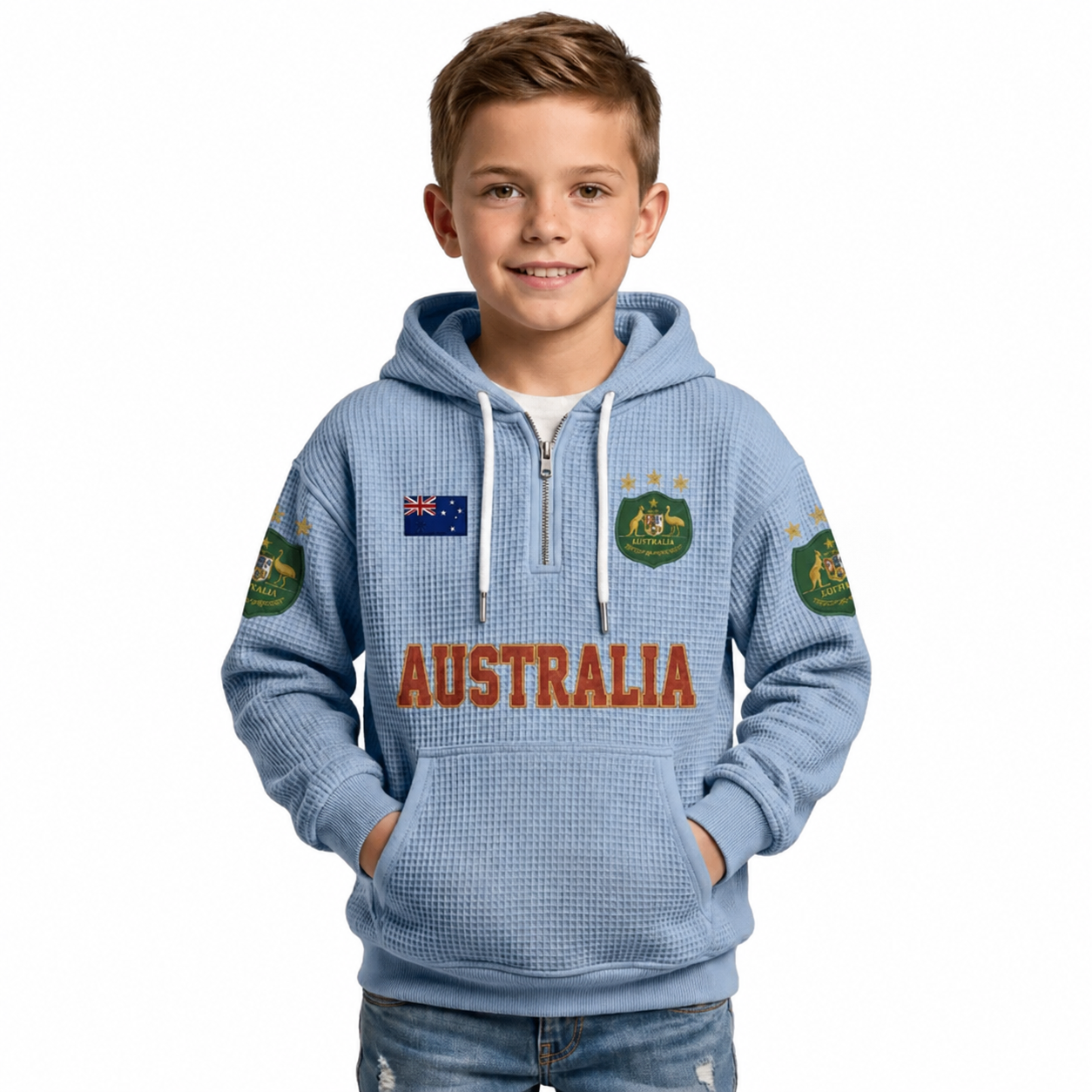 Australia Printed Waffle Quarter Zip Football Fan Hoodie For Kids