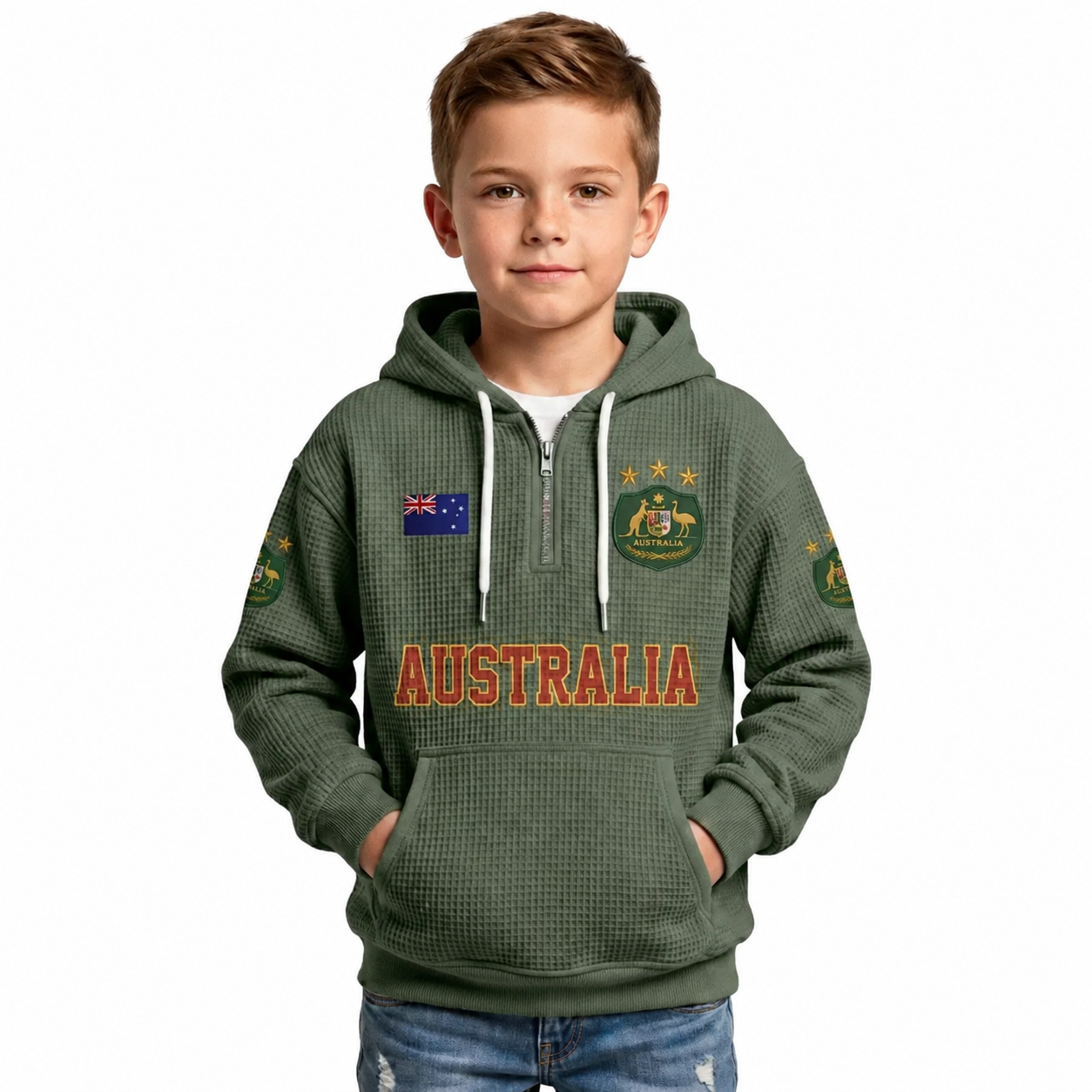 Australia Printed Waffle Quarter Zip Football Fan Hoodie For Kids