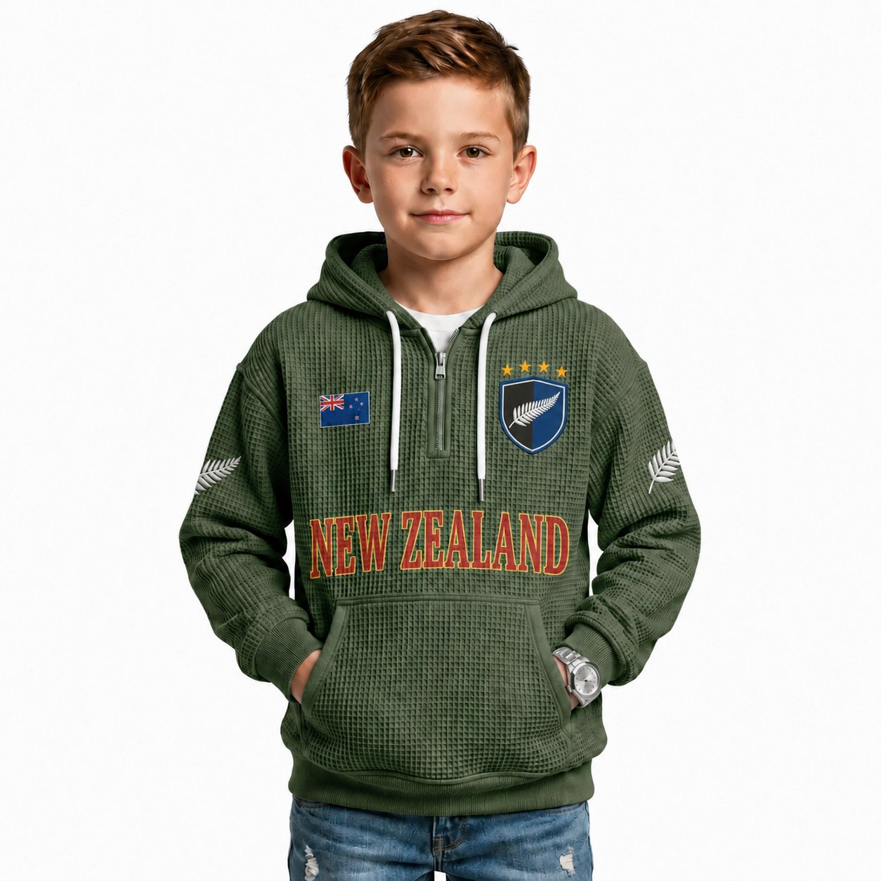 New Zealand Printed Waffle Quarter Zip Football Fan Hoodie For Kids