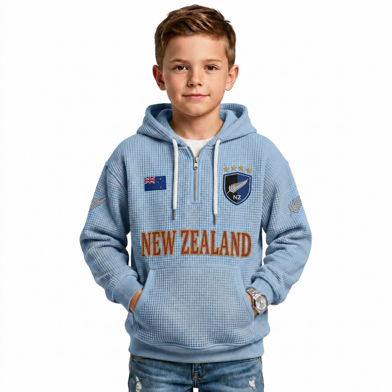 New Zealand Printed Waffle Quarter Zip Football Fan Hoodie For Kids