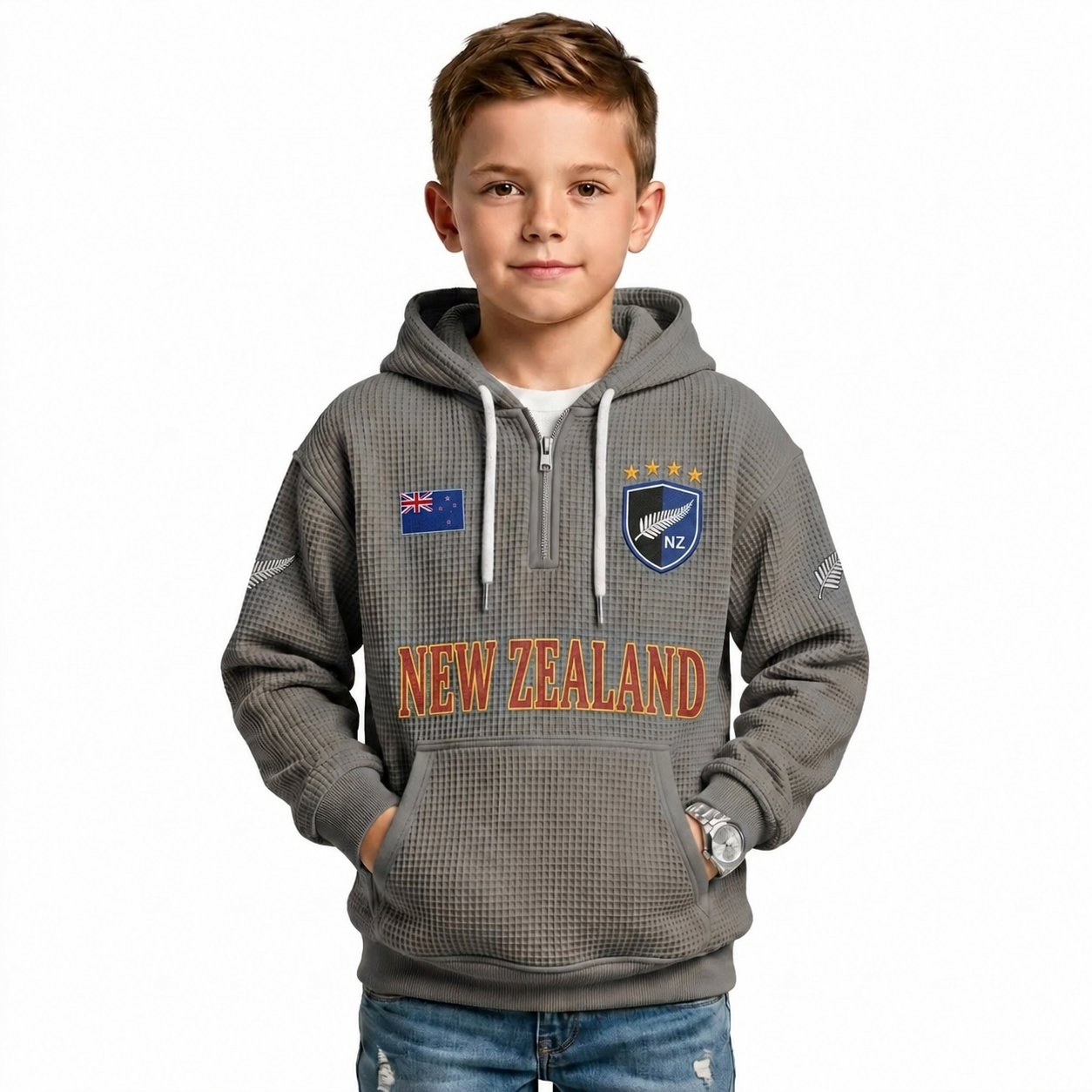 New Zealand Printed Waffle Quarter Zip Football Fan Hoodie For Kids