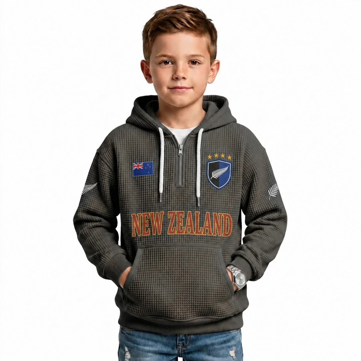 New Zealand Printed Waffle Quarter Zip Football Fan Hoodie For Kids