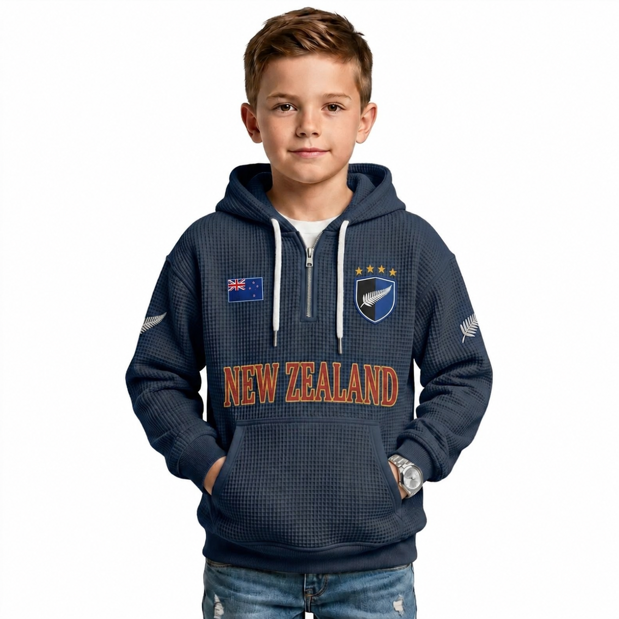 New Zealand Printed Waffle Quarter Zip Football Fan Hoodie For Kids