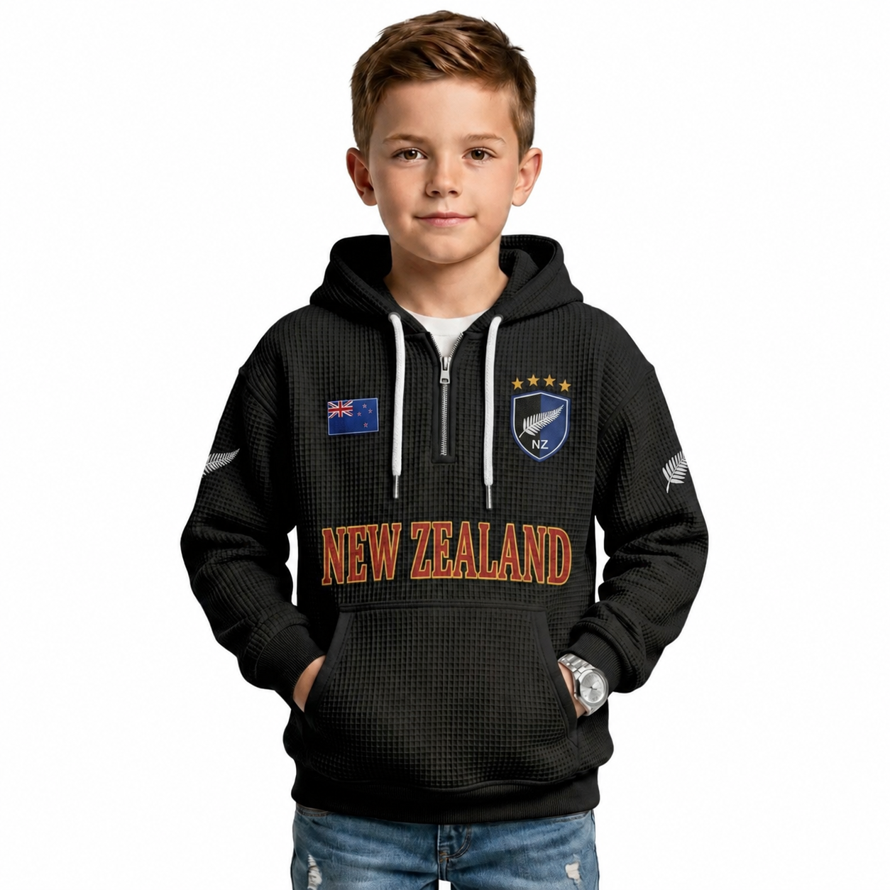 New Zealand Printed Waffle Quarter Zip Football Fan Hoodie For Kids