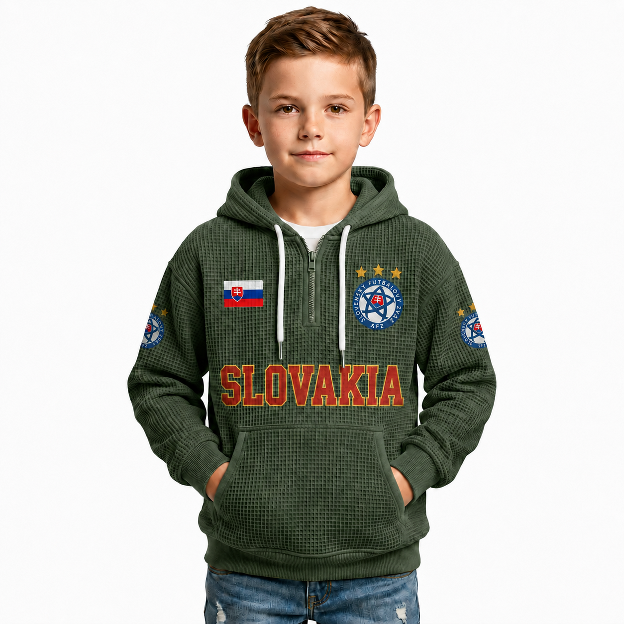 Slovakia Printed Waffle Quarter Zip Football Fan Hoodie For Kids