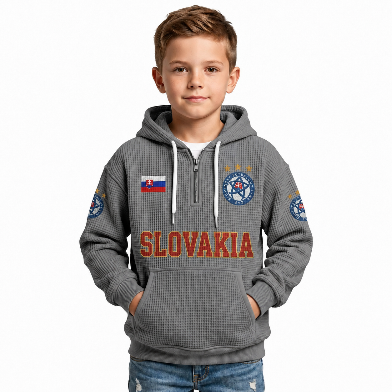 Slovakia Printed Waffle Quarter Zip Football Fan Hoodie For Kids