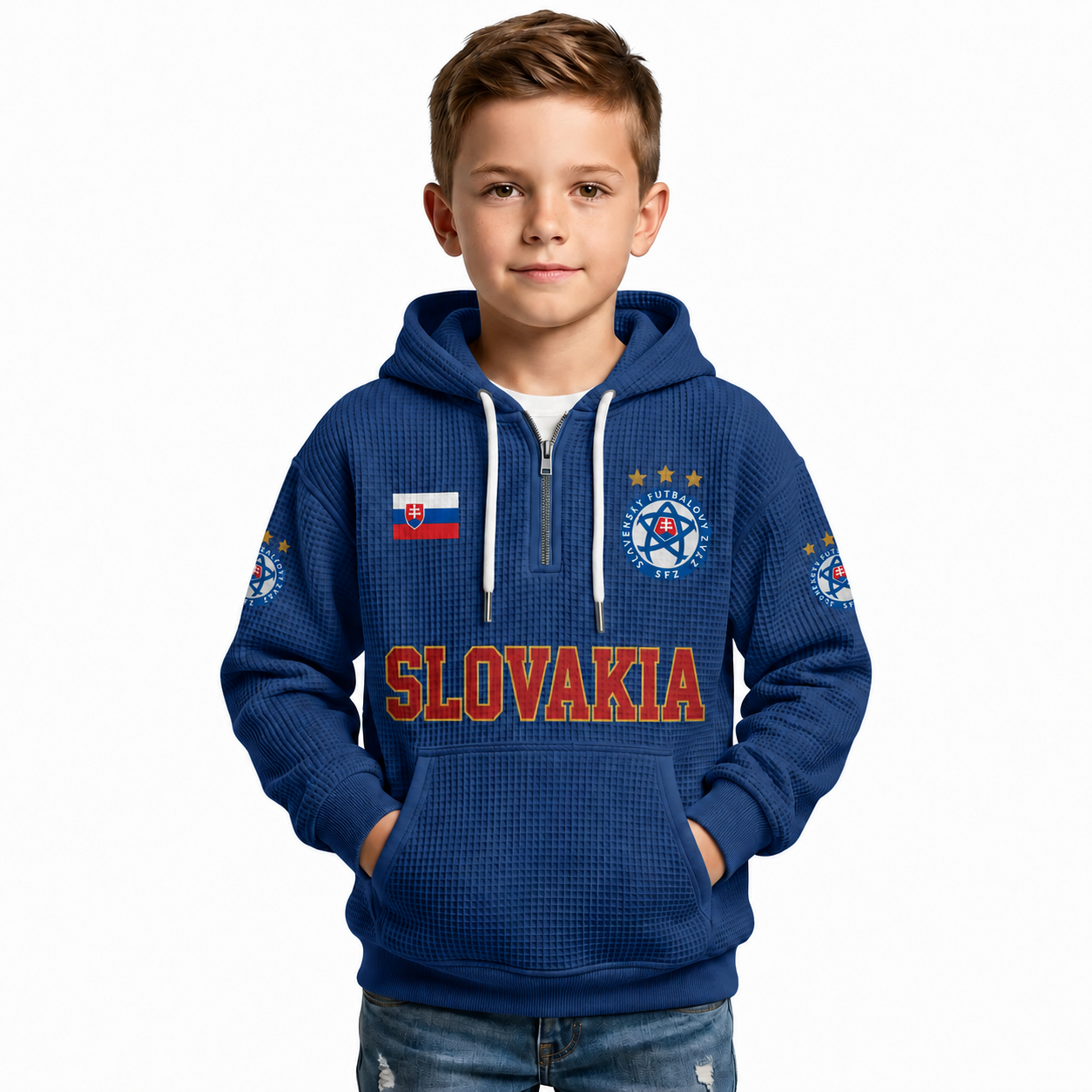 Slovakia Printed Waffle Quarter Zip Football Fan Hoodie For Kids